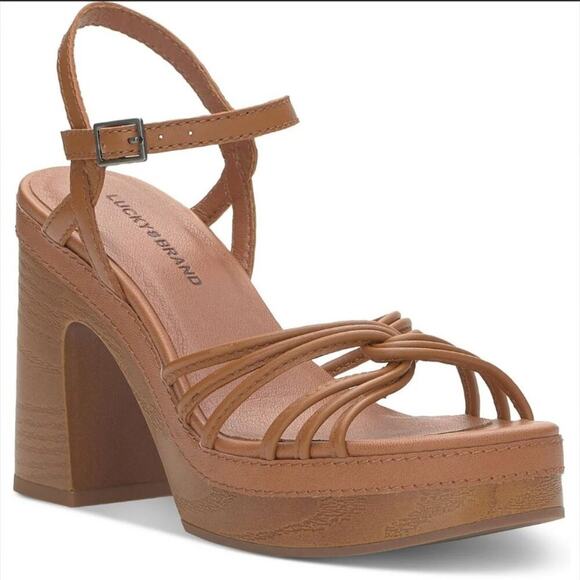 Lucky Brand Ismene Buckle Platform Sandals Cognac Eco Sheep - Picture 2 of 4